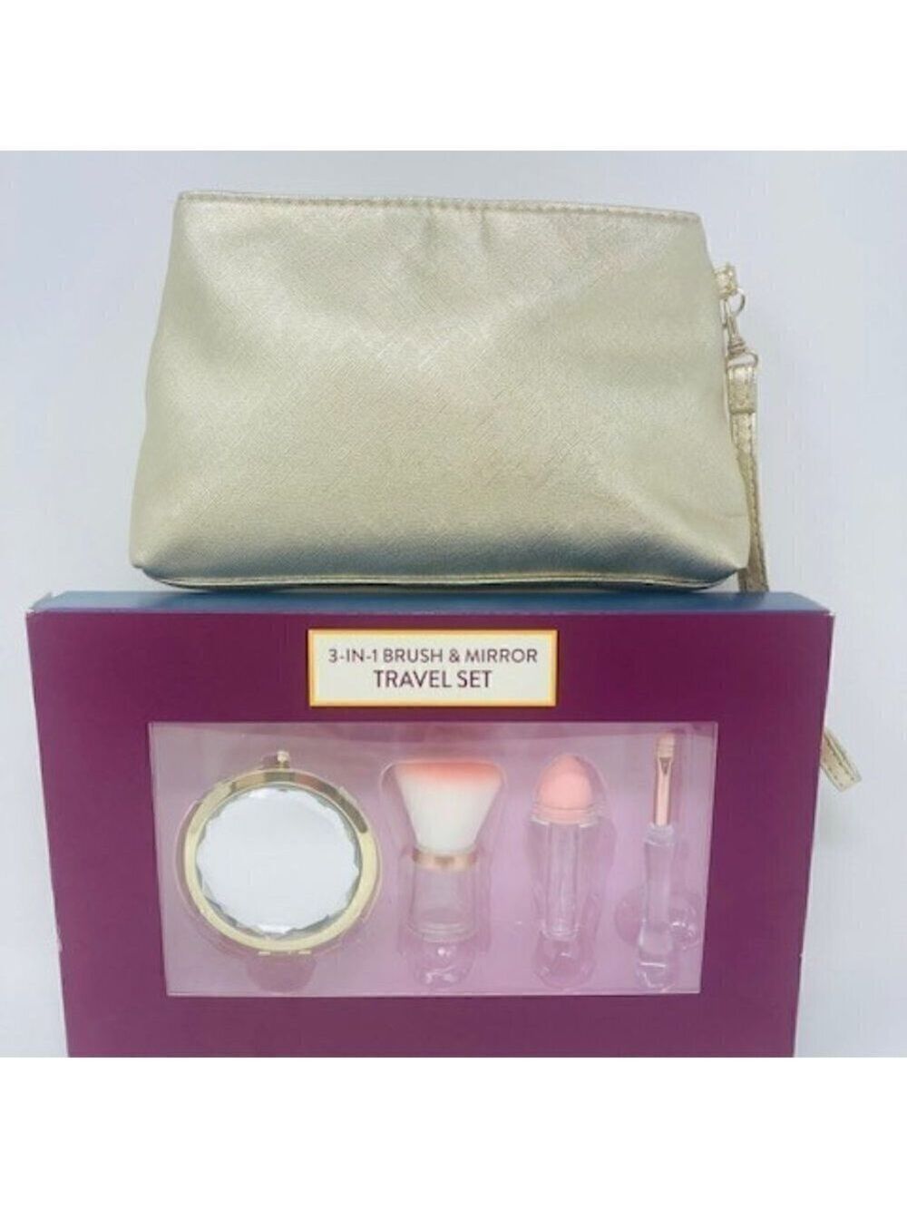 Gold metallic cosmetic bag with compact mirror and 3 in 1 brush set